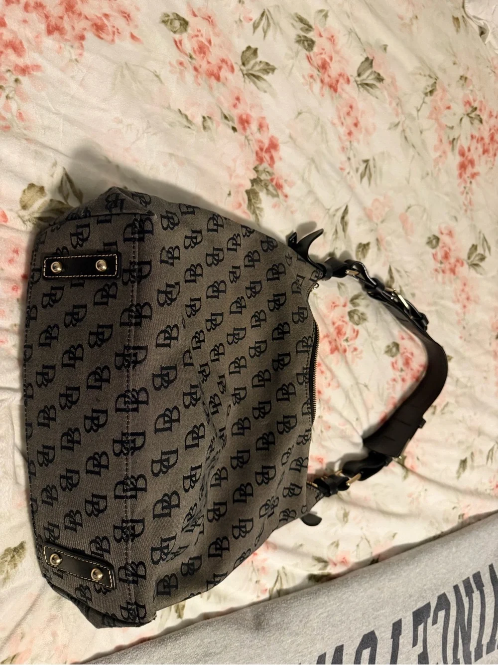 Dooney & Bourke Gray/Brown Signature Logo Shoulder Bag with Black Trim